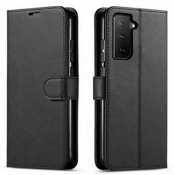 Starshop Galaxy S24 Plus case, With Tempered Glass Protector, Premium Leather Wallet Pocket Cover and Credit Card Slots Black
