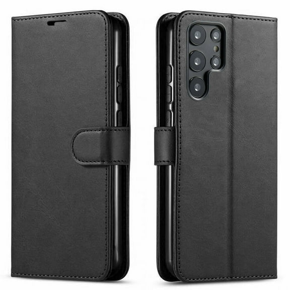 Starshop Galaxy S24 Ultra case, With Tempered Glass Protector, Premium Leather Wallet Pocket Cover and Credit Card Slots Black