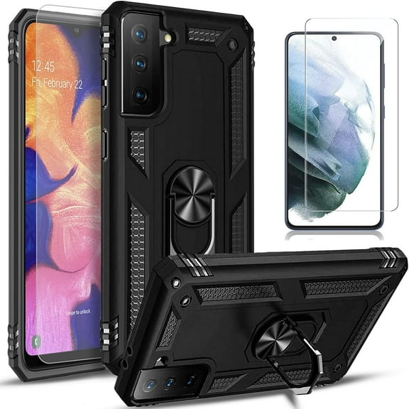 Starshop Galaxy S24 case, With Tempered Glass Protector, Drop Protection Ring Kickstand Cover Black