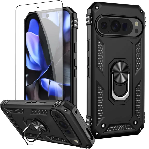 Starshop Google Pixel 10 Case Phone Cover Shockproof Ring Stand Case With Glass Screen - Black