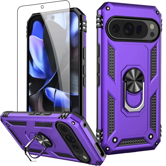 Starshop Google Pixel 10 Case Phone Cover Shockproof Ring Stand Case With Glass Screen - Purple