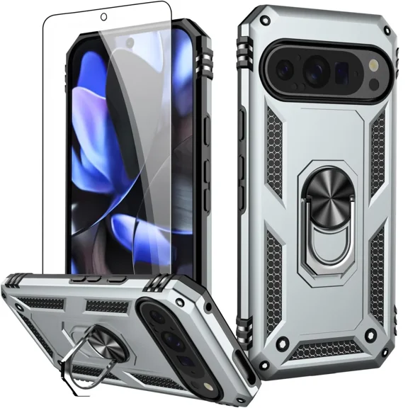 Starshop Google Pixel 10 Pro XL Case Phone Cover Shockproof Ring Stand Case With Glass Screen - Silver