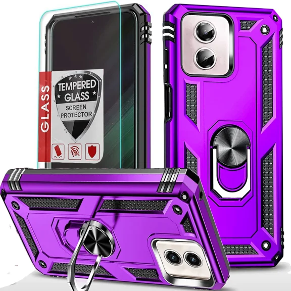 Starshop Moto G 5G 2024 Case Phone Cover Shockproof Ring Stand Case With Glass Screen - Purple