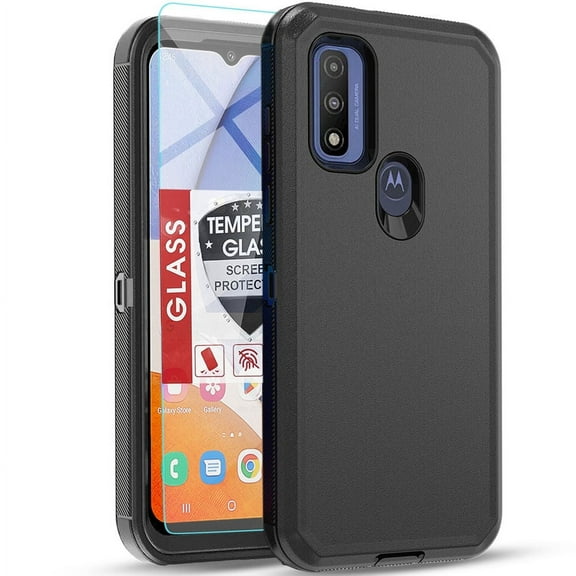 Starshop Moto G Power 2022 case, With Tempered Glass Protector, Shockproof Protection Rugged Hybrid Drop Cover Black