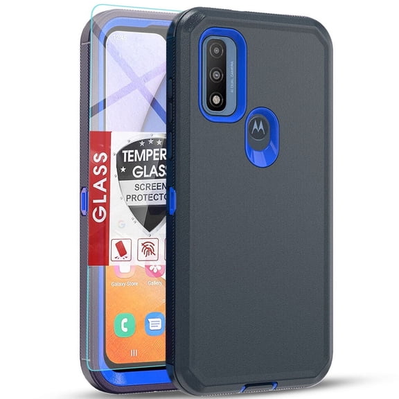 Starshop Moto G Pure case, With Tempered Glass Protector, Shockproof Protection Rugged Hybrid Drop Belt Clip Cover Blue