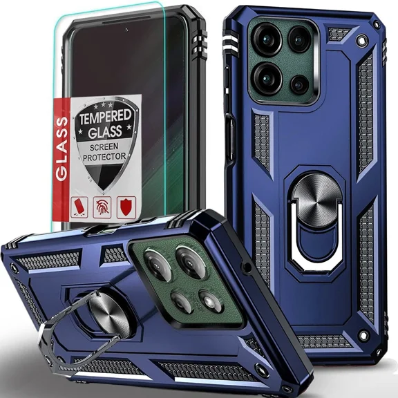 Starshop Motorola G 2025 Case Phone Cover Shockproof Ring Stand Case With Glass Screen - Blue