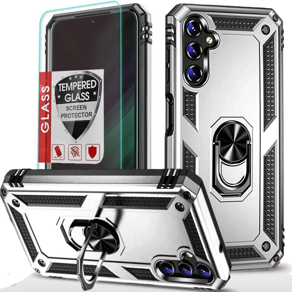 Starshop Samsung Galaxy A17 5G Case Phone Cover Shockproof Ring Stand Case With Glass Screen - Silver