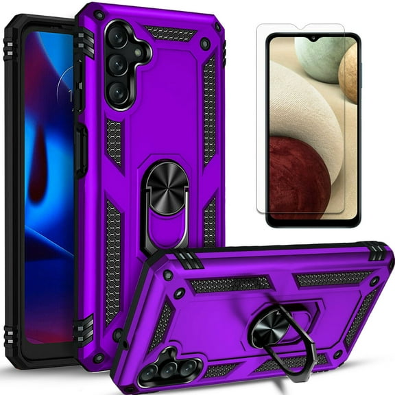Starshop Samsung Galaxy A24 case, With Tempered Glass Protector, Drop Protection Ring Kickstand Cover Purple