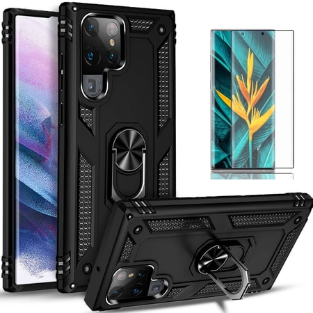 Starshop Samsung Galaxy S23 Ultra case, With Tempered Glass Protector, Drop Protection Ring Kickstand Cover Black