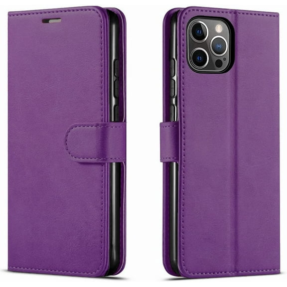 Starshop Wallet Case for iPhone 14 Pro Max, With Tempered Glass Protector, PU Leather Wallet Shockproof Phone Cover Purple