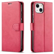 Starshop Wallet Case iPhone 14, With Tempered Glass Protector, PU Leather Wallet Shockproof Phone Cover Pink