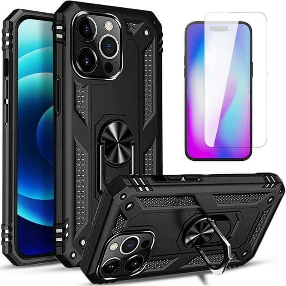 Starshop iPhone 15 Pro Max case, With Tempered Glass Protector, Drop Protection Ring Kickstand Cover Black