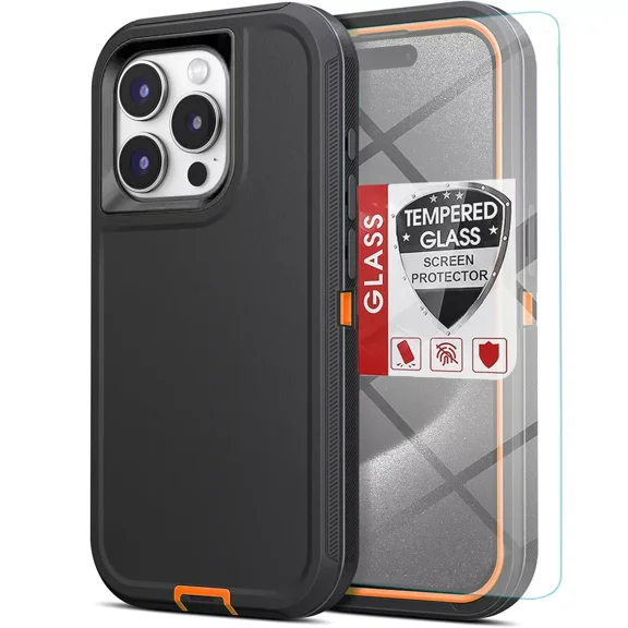 Starshop iPhone 16 case, With Tempered Glass Protector, Shockproof Protection Rugged Hybrid Drop Belt Clip Cover Orange