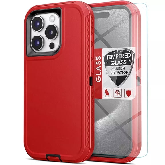 Starshop iPhone 16 case, With Tempered Glass Protector, Shockproof Protection Rugged Hybrid Drop Belt Clip Cover Red