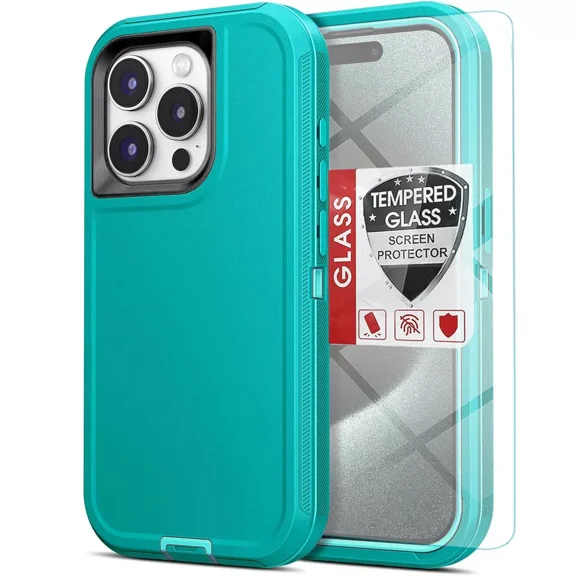 Starshop iPhone 16 case, With Tempered Glass Protector, Shockproof Protection Rugged Hybrid Drop Belt Clip Cover Teal