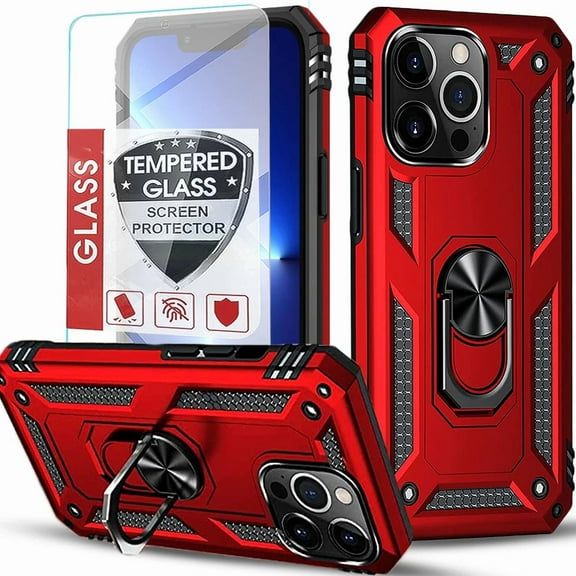 Starshop iPhone 17 Case Phone Cover Shockproof Ring Stand Case With Glass Screen - Red