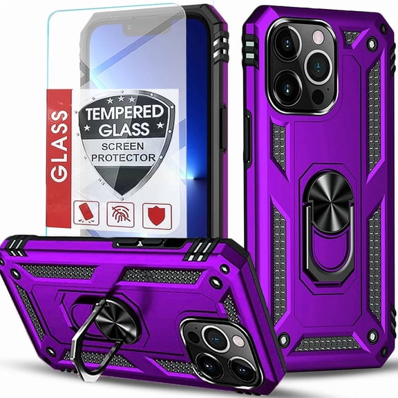 Starshop iPhone 17 Pro Case Phone Cover Shockproof Ring Stand Case With Glass Screen - Purple