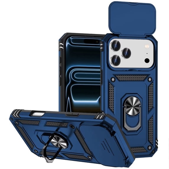 Starshop iPhone 18 Pro Case, Heavy Duty Shockproof Armor Phone Case with Slide Camera Cover and Ring Kickstand - Blue