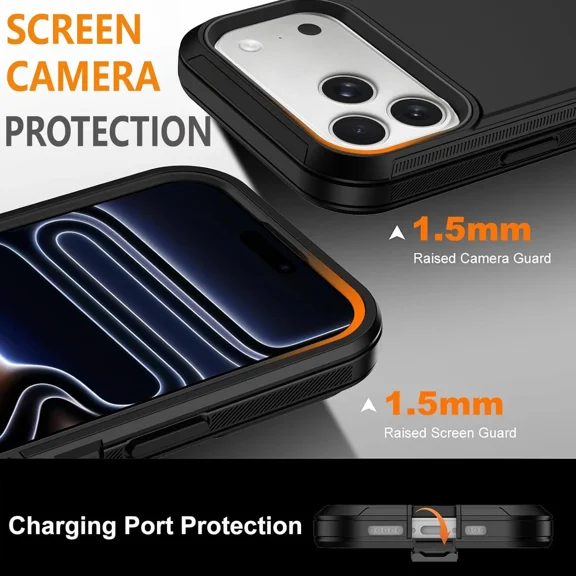 Starshop iPhone 18 Pro Max Phone Case Cover Shockproof Heavy Duty Rugged Case With Glass Screen Protector - Black