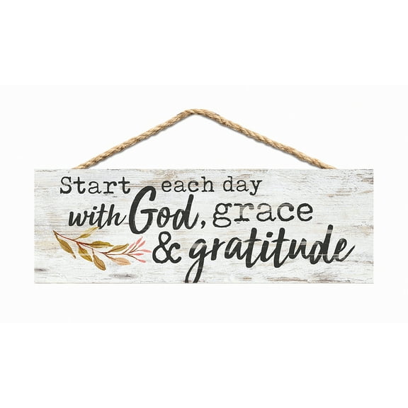 Start Day God Grace Gratitude Whitewash 10 x 3.5 Inch Wood Slat Hanging Wall Sign