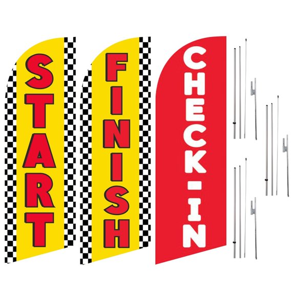 Start Finish and Check-In 6ft Advertising Feather Flags package of 3 Banners...