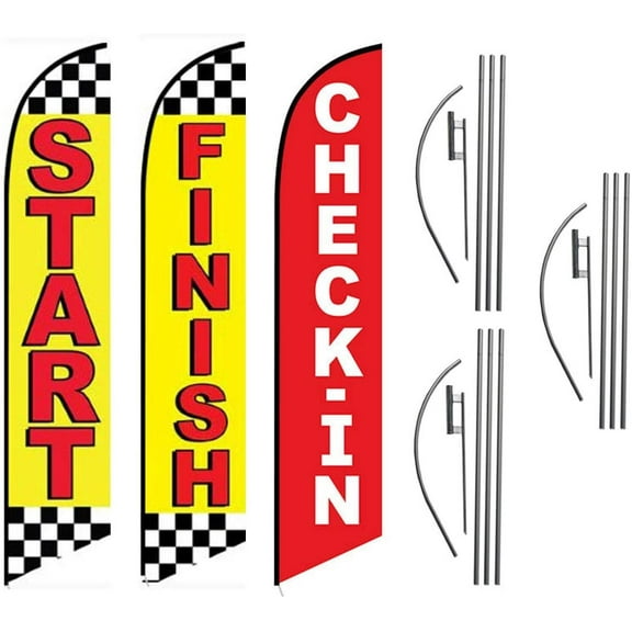 Start Finish and Check-in Advertising Package of 3 Feather Banner Swooper Flag Kits with Ground Spikes, for Marathons and Special Events