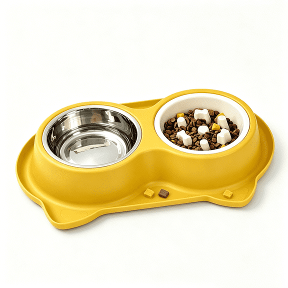 Start Makers 3-in-1 Double Pet Slow Feeder Bowl with Non-Slip Base, Stainless Steel Anti-Choke Dog and Cat Food Water Feeder for Healthy Eating Yellow