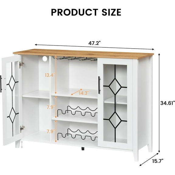 Start Saving Today 47.2-Inch White Wine Bar Cabinet with LED Lights, Adjustable Shelves, and Glass Doors - Multi-Functional Storage for Wine, Glasses, and Liquor