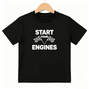 Start Your Engines Boys Graphic Tee, Cool Racing Checkered Flag 100% Cotton Kids Short Sleeve T-Shirt