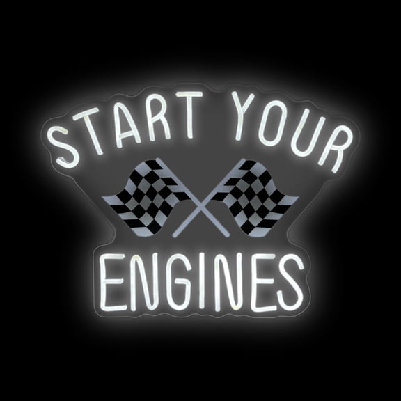 Start your engines Neon Sign, Checkered Flag Wall Decor, Raceday LED Light, Fast Cars Wall Art, Race Car Party Man Carved Bar Wall Decoration, White, 16.5"x12.4"