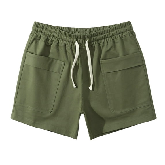 Start off 2024 HOOMEUMY Men's Summer Shorts Cotton Linen Drawstring Elastic Waist Beach Shorts with Pockets Solid Color Bermuda Shorts Army Green 4