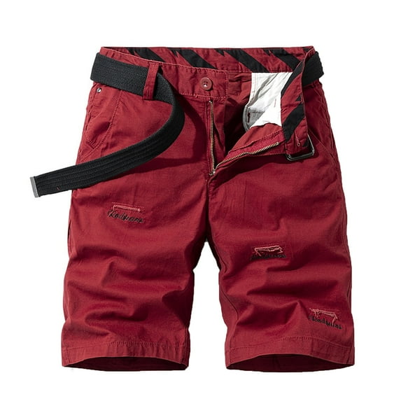 Start off 2024 HOOMEUMY Men's Summer Straight Shorts Belt Solid Color Multi-Pocket Bermuda Beachwear Belted Bermuda Cargo Shorts for Men Red 6