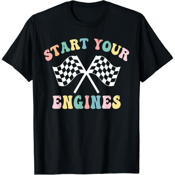 Start your engines Groovy checkered flag Retro Racing T-Shirt