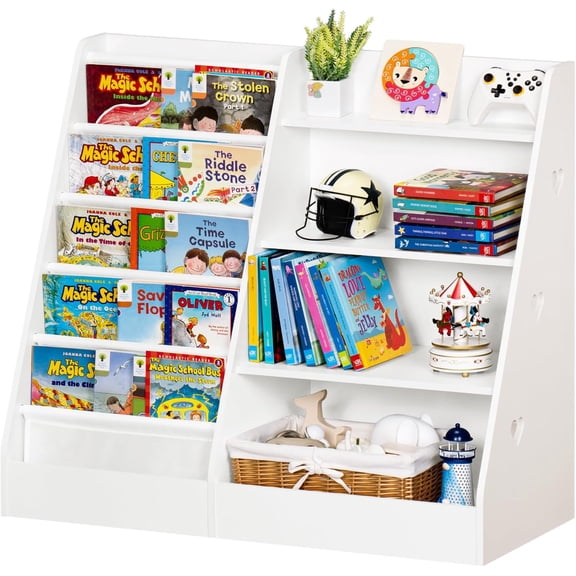 StartThread 4 Tier Kids Bookshelf and Storage Organizer, Five Layer Sling Children Bookcase, Baby Toddler Wooden Book Shelf, Display Cabinet for Playroom, Bedroom, Classroom, Nursery, School (White)
