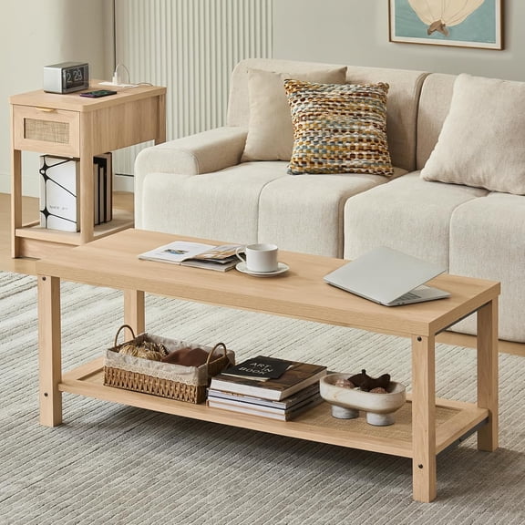 StartThread Boho Coffee Tables for Living Room, Rattan Center Table with Open Storage Shelf, Natural Wood