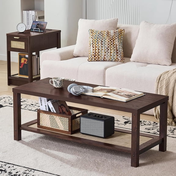 StartThread Boho Coffee Tables for Living Room, Rattan Center Table with Open Storage Shelf, Walnut