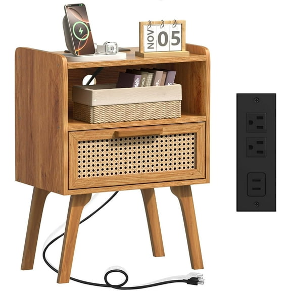 StartThread Rattan Nightstand with Charging Station, Side Table with Drawer, Cane Accent Bedside End Table with Solid Wood Legs, Night Stand for Bedroom, Dorm and Small Spaces (Tea Brown)