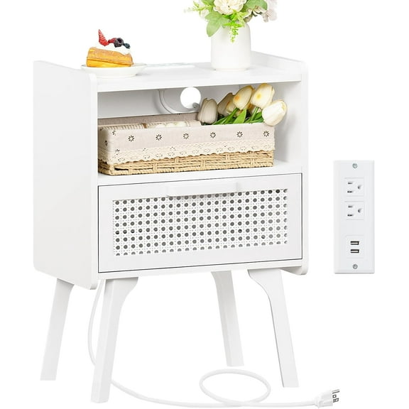 StartThread Rattan Nightstand with Charging Station, Side Table with Drawer Open Shelf, Cane Accent Bedside End Table with Solid Wood Legs, Night Stand for Bedroom, Dorm and Small Spaces (White)