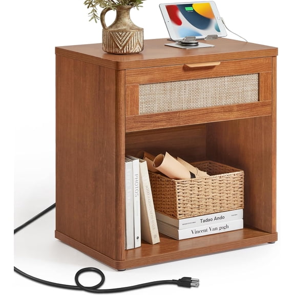 StartThread Rattan Nightstand with Charging Station, Tea Brown Night Stand with Drawer, 23" Wide Boho Bedside Table with Storage Shelf, Bed Side End Tables for Bedroom, Living Room, Hallway