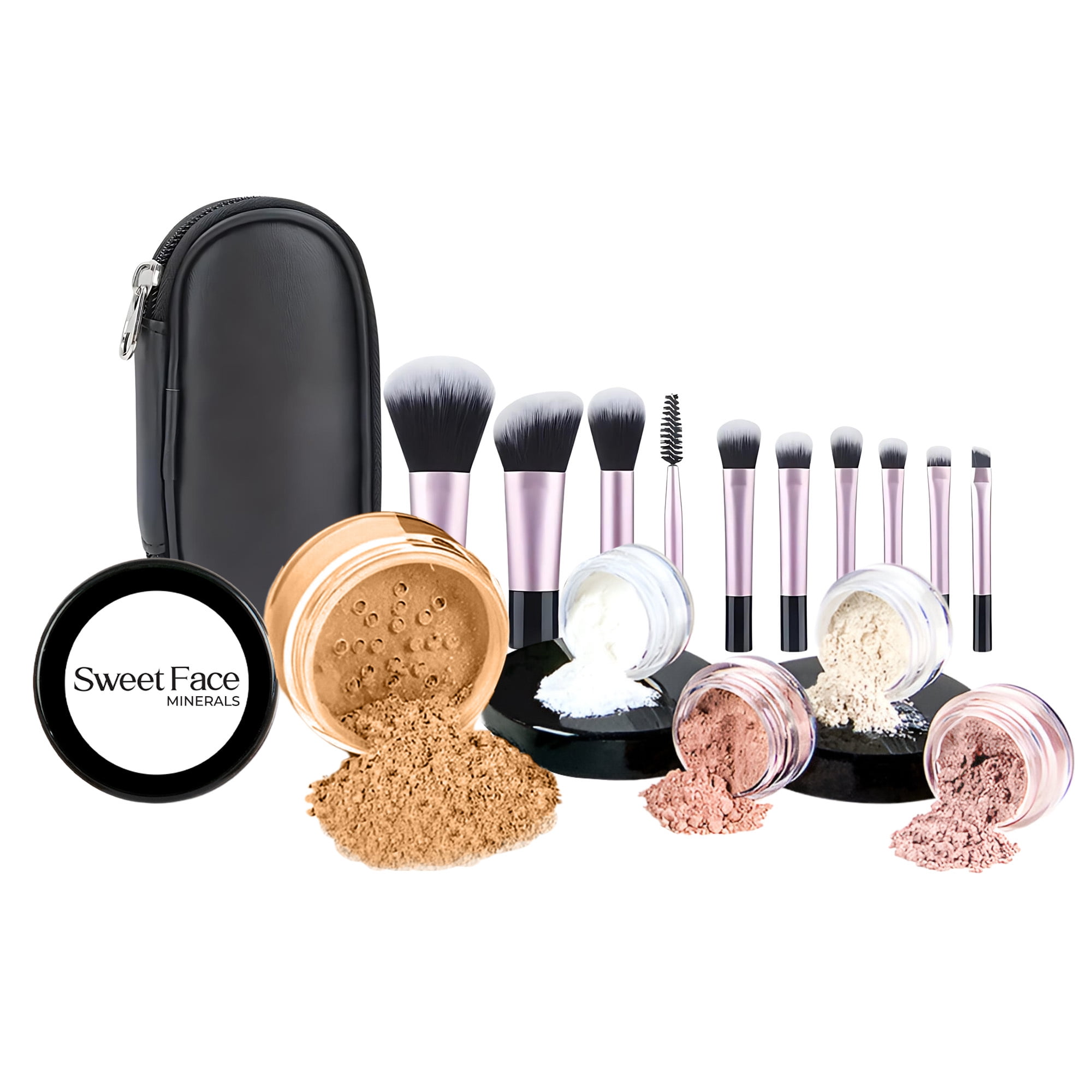 Starter Kit with 10-Piece Brush Set (DEEP TAN) Mineral Makeup – 16-Piece Loose Powder Foundation, Blush, Bronzer, Translucent Setting Powder SPF 30 – Vegan Cruelty Free by Sweet Face Minerals