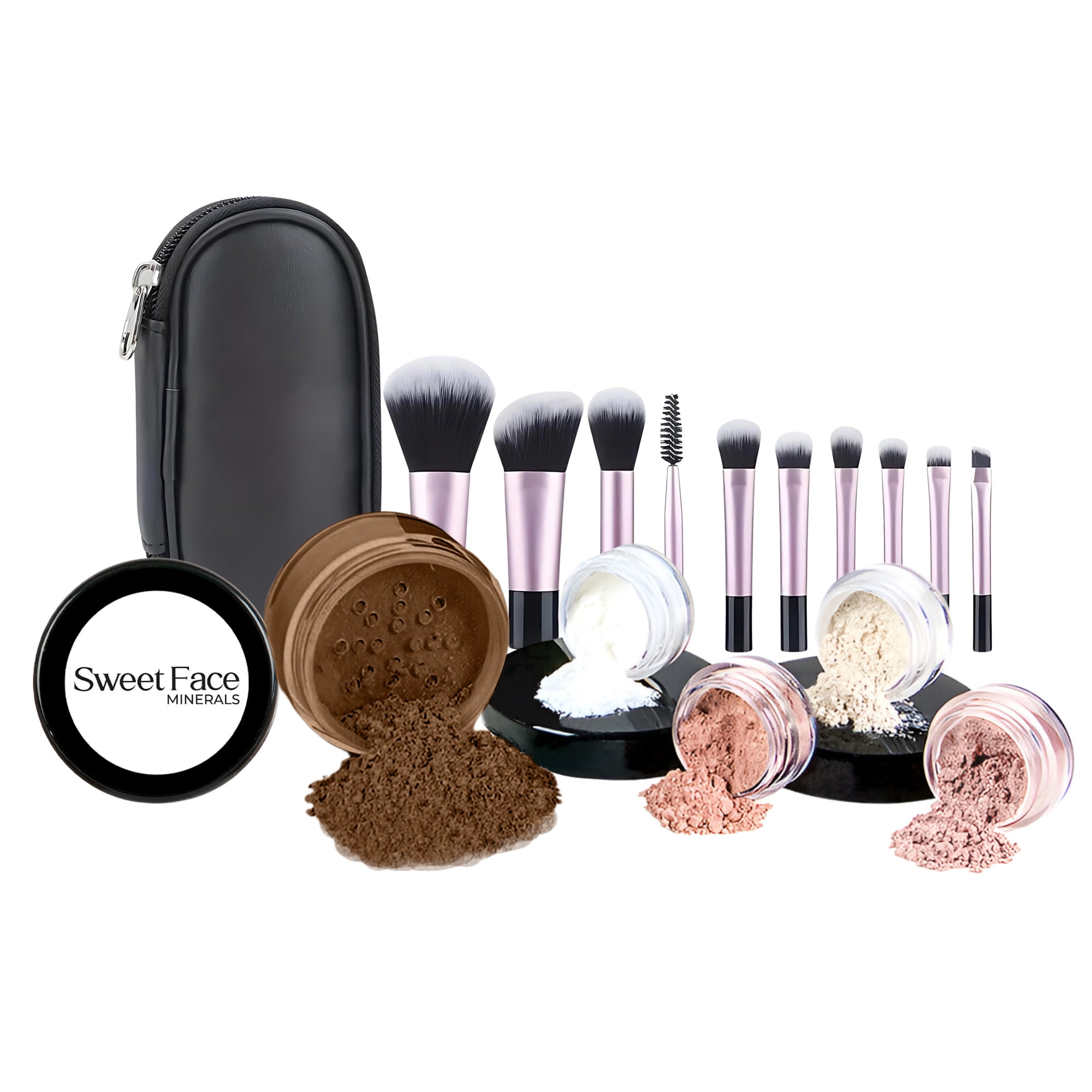 Starter Kit with 10-Piece Brush Set (EBONY) Mineral Makeup – 16-Piece Loose Powder Foundation, Blush, Bronzer, Translucent Setting Powder SPF 30 – Vegan Cruelty Free by Sweet Face Minerals