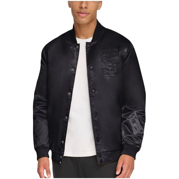 STARTER Mens Classic Fit Tonal Satin Bomber Jacket, Black, Large