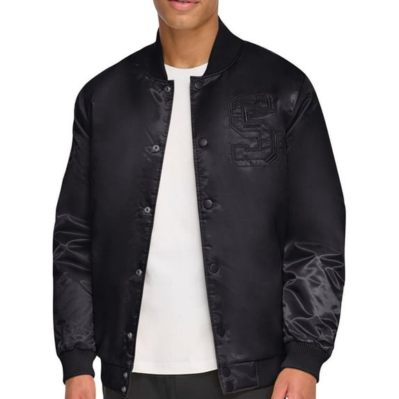 STARTER Mens Classic Fit Tonal Satin Bomber Jacket, Black, X-Large