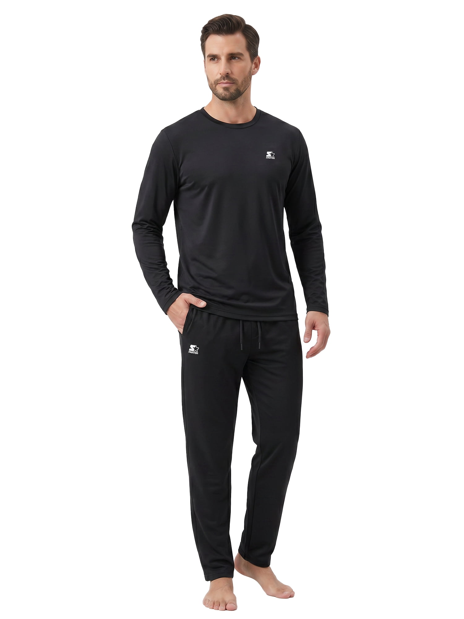Starter Men's Pajamas 2-Piece Super Soft Long Sleeve Top and Pant Set, Black, M
