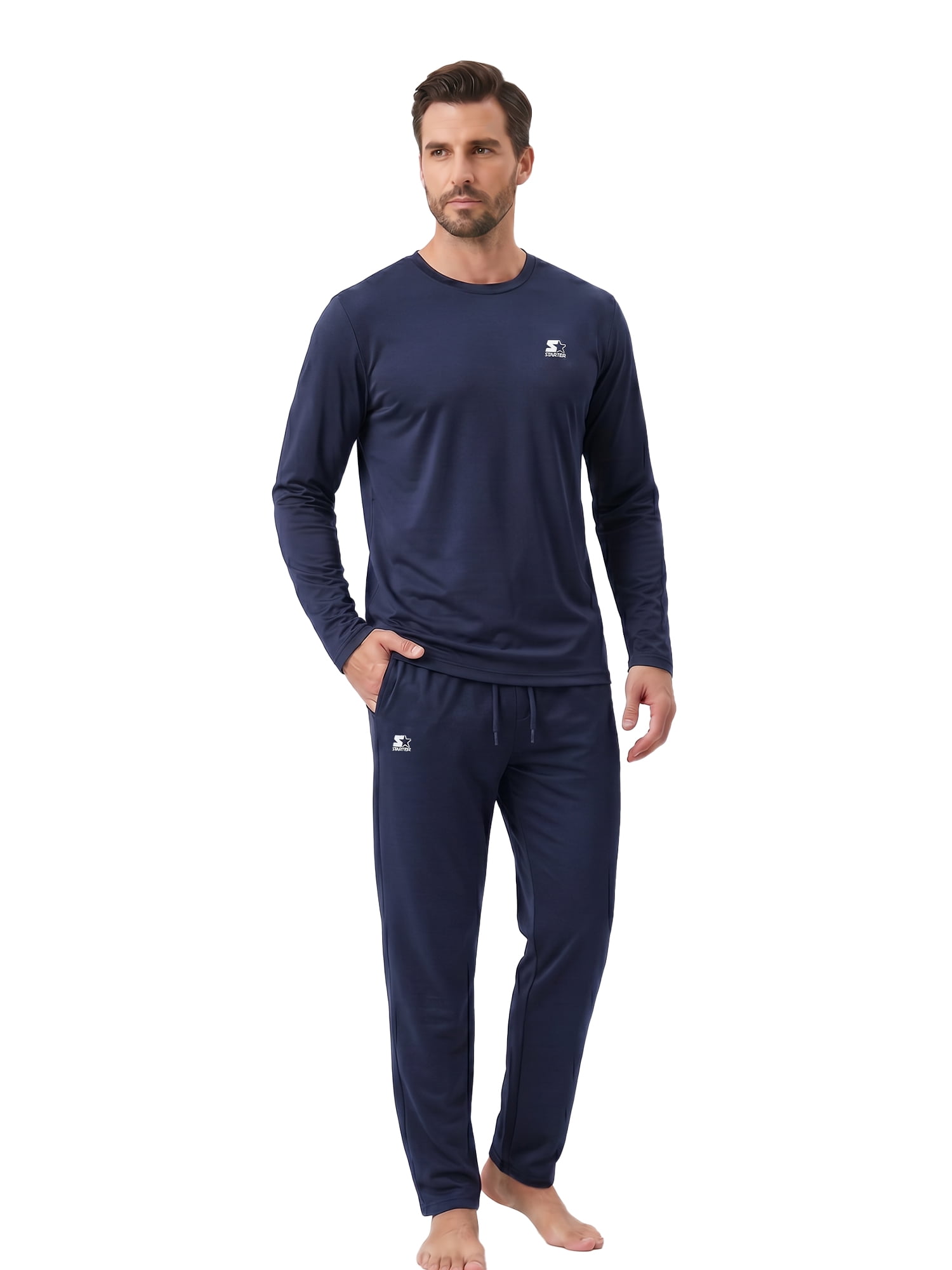 Starter Men's Pajamas 2-Piece Super Soft Long Sleeve Top and Pant Set, Navy, L
