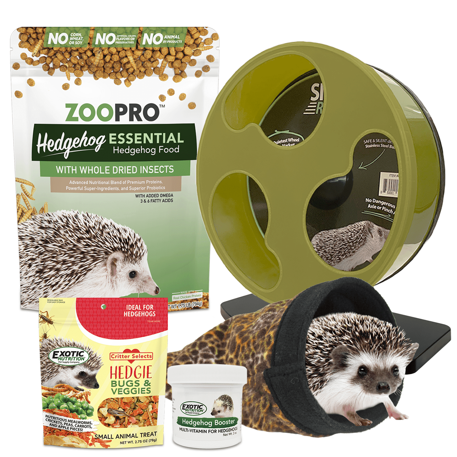 Starter Package for Hedgehogs - Includes Exercise Wheel, Healthy Food, Natural Treat, Multi-Vitamin & Hideout