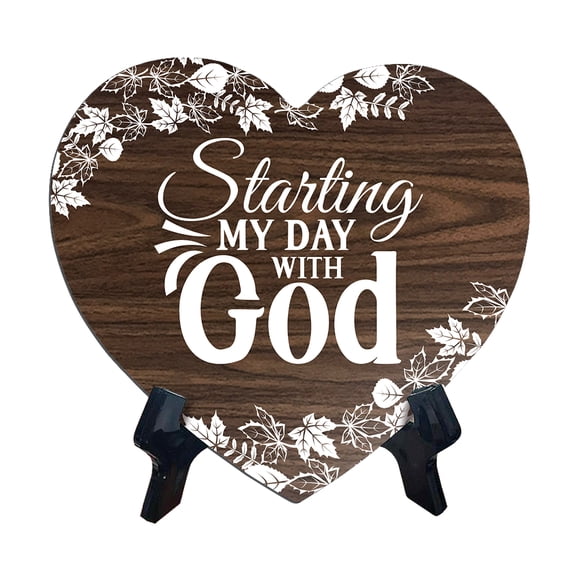 Starting My Day With God Heart Shape Table Sign (6 x 5.4") | God's Grace Home Decoration