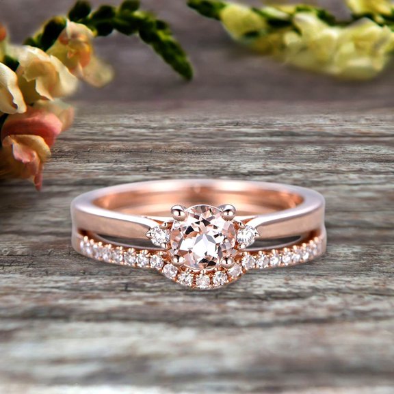 Startling 1.75 Carat Morganite 6mm Round Cut 10k Rose Gold Engagement Ring Anniversary Gift Wedding Set Curved Eternity Ring