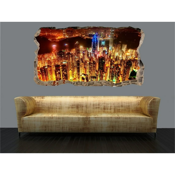 Startonight 3D Mural Wall Art Photo Decor Yellow Skyscrapers Amazing Dual View Surprise Wall Mural Wallpaper for Bedroom Urban Wall Paper Art Gift Large 47.24 ‘’ By 86.61 ‘’