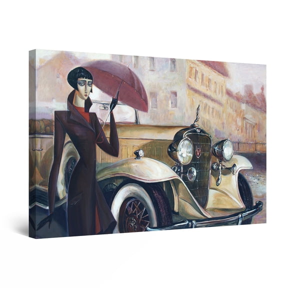 Startonight Canvas Wall Art Abstract - Woman, Umbrella and Retro Car Painting - Artwork Print for Bedroom 24" x 36" 